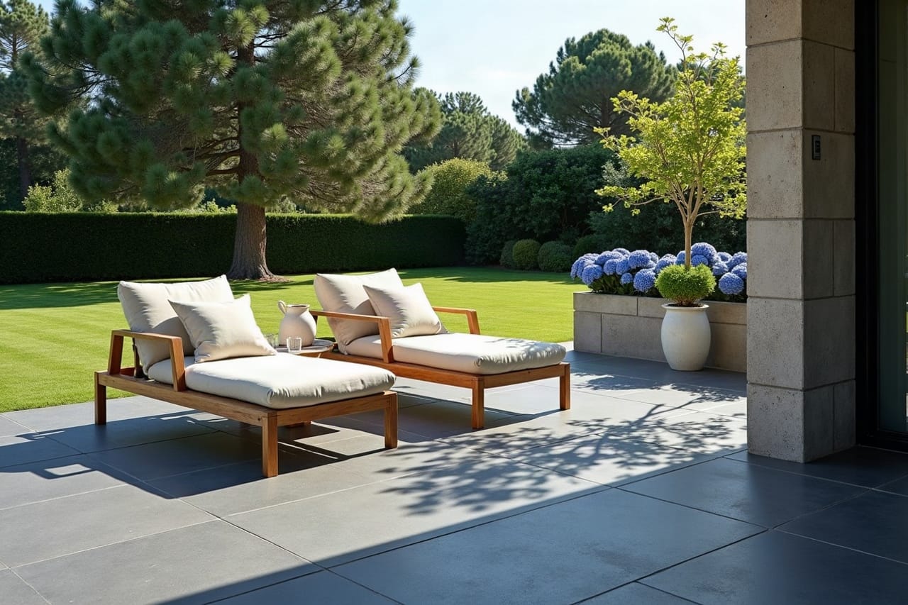 Terrasse carrelée terminée à Saint-Nazaire, carreaux extérieurs épais, ouverte sur un jardin
